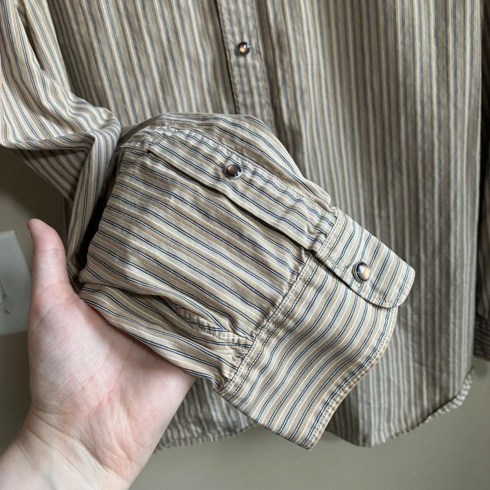 Banana Republic Slim Fit Western Snap Shirt XL Tan Mens Cotton Long Sleeve